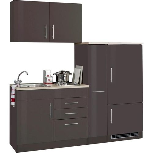 Singleküche Toronto 190 cm creme hochglanz mit Apothekerschrank Kühlschrank Kochmulde und Einbauspüle in Edelstahl