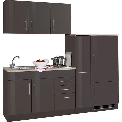 Singleküche Toronto 210 cm graphit hochglanz mit Apothekerschrank Kühlschrank Kochmulde und Einbauspüle in Edelstahl