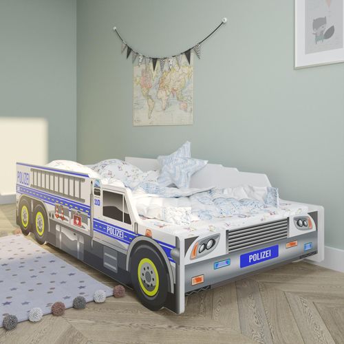 Autobett Kinderbett Jugendbett 80x160 cm mit Rausfallschutz und Matratze | Polizei Polizeiauto Polizist Kinder Spielbett