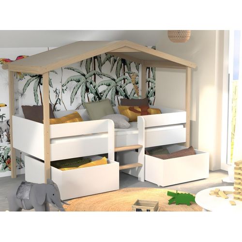 Kinderbett Hausbett mit Schubladen + Matratze - Lindenholz - 90 x 190 cm - Weiß & Eichefarben - SAROSI