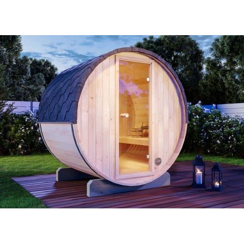 FinnTherm Fass-Sauna Mini XS, 194 x 160 x 194 cm Gartensauna, Outdoor Sauna mit 42 mm Wandstärke, inkl. Montagematerial, Glastür aus Sicherheitsglas, 3 Personen, inkl. Dachschindeln, Außensauna