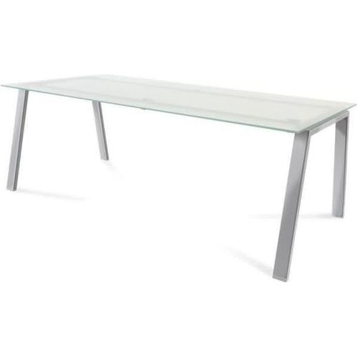 Schreibtisch Blanca BxTxH 200x100x73cm Gestell verchromt Platte Glas satiniert.