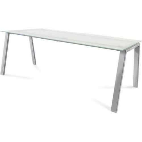 Schreibtisch Blanca BxTxH 200x80x73cm Gestell verchromt Platte Glas satiniert.
