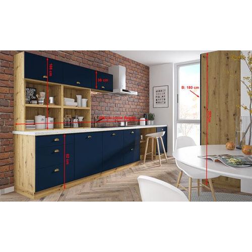 Küchenzeile "Bonn AV" Wohnküche Küchenblock 300cm Teilauszug eiche artisan Front marineblau matt