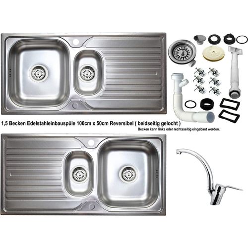 Edelstahl Einbauspüle 100 x 50cm Küchenspüle 1,5 Becken reversible + Armatur SWAN
