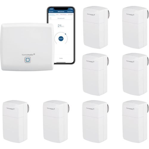 Homematic IP Smart Home Heizungssteuerung Behördenmodell mit App für 8 Heizkörper - Geeignet für Büros, Arztpraxen und Gewerbe. Inhalt: Access Point, 8 Heizkörperthermostate - kompakt. Kompatibel mit Alexa und Google Home.