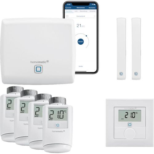 Homematic IP Funk Smart Home Heizungssteuerung Komplettpaket für 4 Heizkörper mit App. Inhalt: Access Point, 4 Heizkörperthermostate, 2 Tür-Fensterkontakte, 1 Wandthermostat. Kompatibel mit Alexa und Google Home.