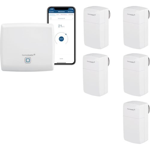 Homematic IP Smart Home Heizungssteuerung Behördenmodell mit App für 5 Heizkörper - Geeignet für Büros, Arztpraxen und Gewerbe. Inhalt: Access Point, 5 Heizkörperthermostate - kompakt. Kompatibel mit Alexa und Google Home.