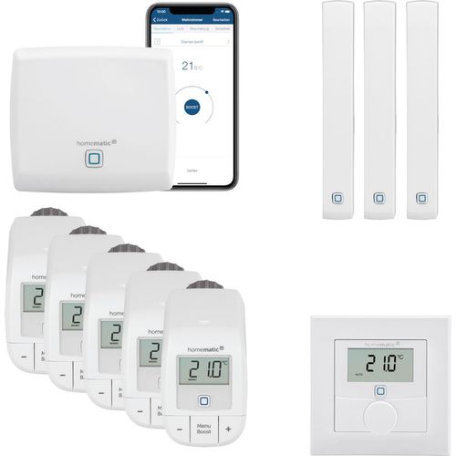 Homematic IP Heizungssteuerung Basic mit Wandthermostat für 5 Heizkörper. Inhalt: Access Point, 5 Heizkörperthermostate Basic, 3 Tür-Fensterkontakte, 1 Wandthermostat. Kompatibel mit Alexa und Google Home.