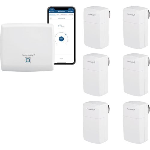 Homematic IP Smart Home Heizungssteuerung Behördenmodell mit App für 6 Heizkörper - Geeignet für Büros, Arztpraxen und Gewerbe. Inhalt: Access Point, 6 Heizkörperthermostate - kompakt. Kompatibel mit Alexa und Google Home.