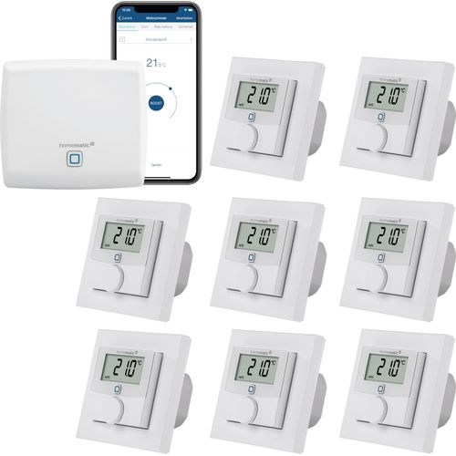 Homematic IP kabelgebundene Fußbodenheizungssteuerung zur Einzelraumregelung in 8 Räumen. Inhalt: Access Point und 8 digitale Raumthermostate mit Schaltausgang. Mit App und Alexa kompatibel.