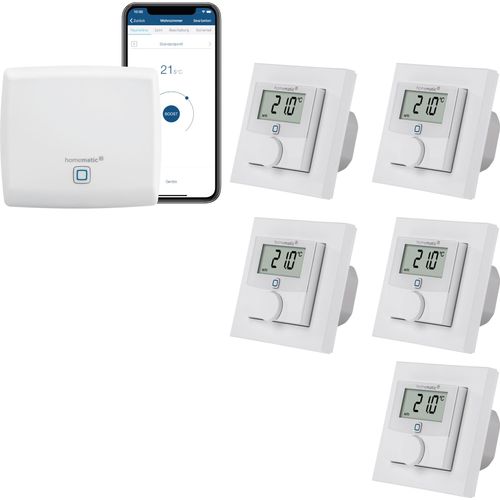 Homematic IP kabelgebundene Fußbodenheizungssteuerung zur Einzelraumregelung in 5 Räumen. Inhalt: Access Point und 5 digitale Raumthermostate mit Schaltausgang. Mit App und Alexa kompatibel.