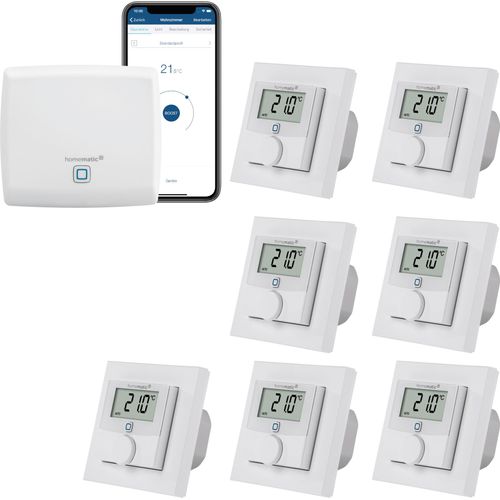 Homematic IP kabelgebundene Fußbodenheizungssteuerung zur Einzelraumregelung in 7 Räumen. Inhalt: Access Point und 7 digitale Raumthermostate mit Schaltausgang. Mit App und Alexa kompatibel.