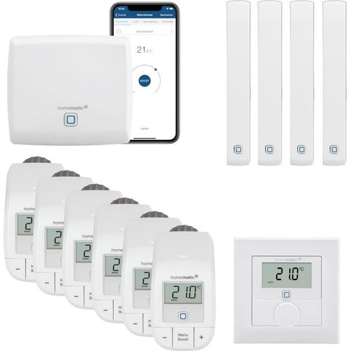 Homematic IP Heizungssteuerung Basic mit Wandthermostat für 6 Heizkörper. Inhalt: Access Point, 6 Heizkörperthermostate Basic, 4 Tür-Fensterkontakte, 1 Wandthermostat. Kompatibel mit Alexa und Google Home.