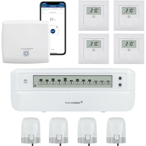 Homematic IP Fußbodenheizung Steuerung für 4 Räume. Smart Home Set: Access Point, 4 Funk Thermostate, 4 Stellantriebe und 1 Fußbodenheizungsaktor.