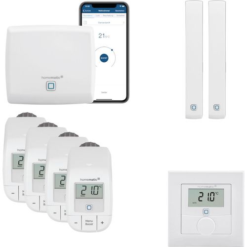 Homematic IP Heizungssteuerung Basic mit Wandthermostat für 4 Heizkörper. Inhalt: Access Point, 4 Heizkörperthermostate Basic, 2 Tür-Fensterkontakte, 1 Wandthermostat. Kompatibel mit Alexa und Google Home.