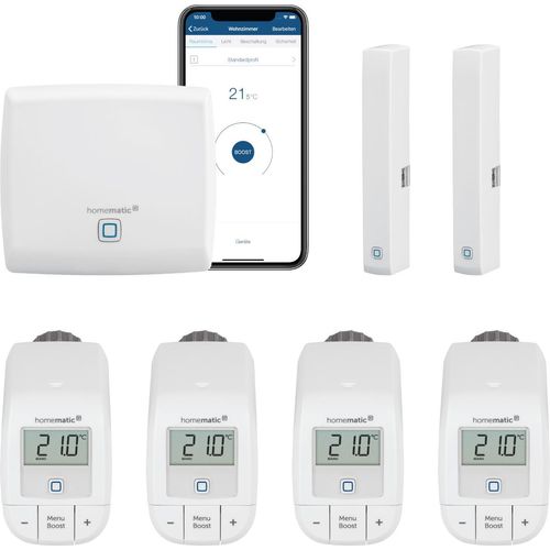 Homematic IP Heizungssteuerung Basic zur Einzelraumregelung mit App. Inhalt: Access Point, 4 Heizkörperthermostate Basic, 2 Tür-Fensterkontakte. Kompatibel mit Alexa und Google Home.