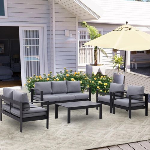 Gartenmöbel Set Lounge Set neumodisches Gartenmöbelset für 6-7 Personen, Rahmen aus Aluminium wetterfeste Sofagarnitur Indoor Outdoor schwarz