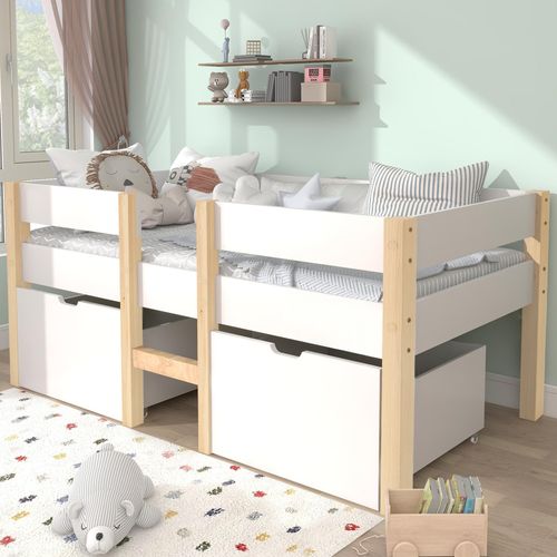 Kinderbett mit 2 Schubladen und Lattenrost, 90x200 cm, Einzelbett mit Rausfallschutz, Holzbett aus Kieferholz