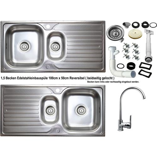 Edelstahl Einbauspüle 100 x 50cm Küchenspüle 1,5 Becken reversible + Armatur Delta