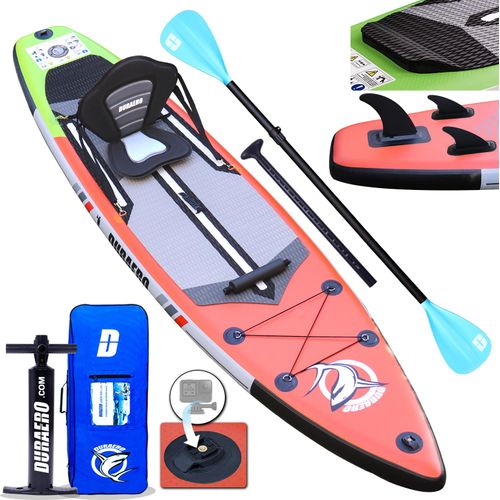DURAERO Stand up Paddling, Aufblasbare SUP Board Set, inkl. Kajak Sitz, bis 150kg, Integrierte Kick-Pad, 330x76x15cm, 3 Finnen, Doppel-Paddel, Action-Cam Halterung, Rot
