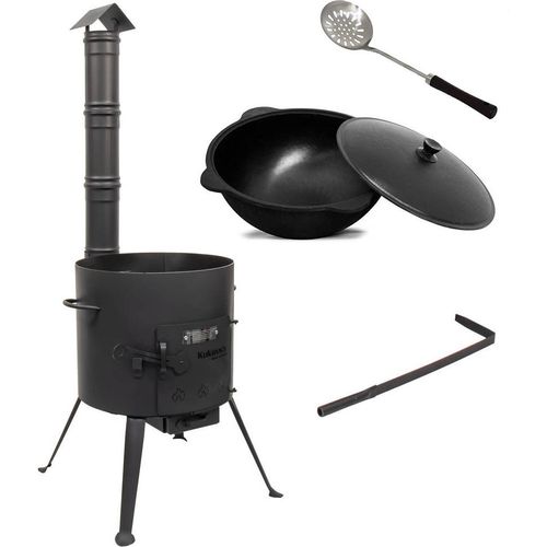 SET Feuerofen Utschak mit Schornstein Ø ca. 36 cm + Kazan Usbekisch aus Gusseisen mit Alu-Deckel 10 L + Schaumlöffel