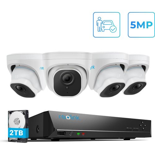 Reolink 5MP Überwachungskamera Set Aussen, PoE IP Outdoor Kamera mit Smarter Personen- und Fahrzeugerkennung, 8CH 2TB HDD NVR für 24/7 Videoüberwachung, Nachtsicht, RLK8-520D4-A