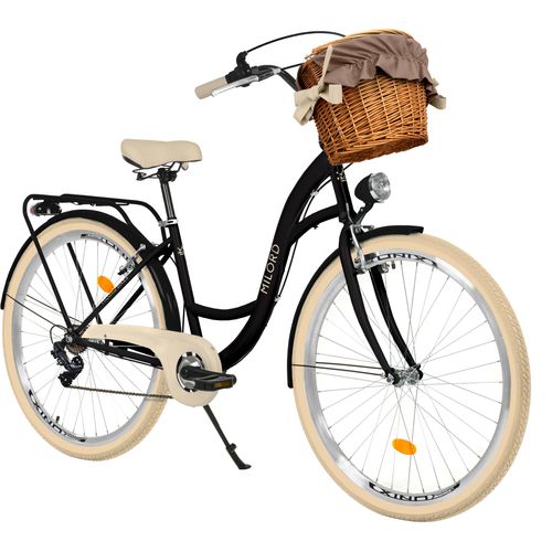 Milord Komfort Fahrrad Mit Weidenkorb Damenfahrrad Retro, 26 Zoll, Schwarz-Creme, 7-Gang Shimano