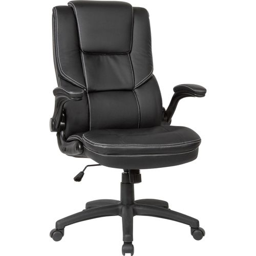 Schreibtischstuhl Bezug Kunstleder Schwarz Bürodrehstuhl bis 120 kg | Design Drehstuhl Höhenverstellbar | Bürosessel mit klappbaren Armlehnen & hoher Rückenlehne