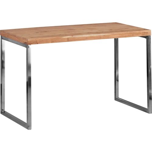 Schreibtisch GUNA Massivholz Akazie | Computertisch 120 x 60 cm aus echtem Holz | Laptoptisch im Landhaus-Stil | Konsolen-Tisch mit Metallbeinen | Arbeitstisch dunkel-braun für Büro