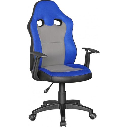 SPEEDY - Racing Kinder-Schreibtischstuhl für Kinder ab 8 Blau / Grau | Race Kinder-Drehstuhl mit Lehne & Hartboden-Rollen | Sport Kinder-Bürostuhl ergonomisch & höhenverstellbar | Jugendstuhl