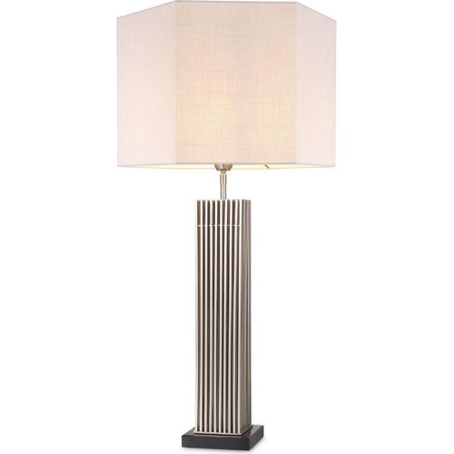 Casa Padrino Luxus Tischleuchte Silber / Schwarz / Weiß 46 x 46 x H. 87 cm - Moderne Schreibtischleuchte mit sechseckigem Lampenschirm - Luxus Qualität