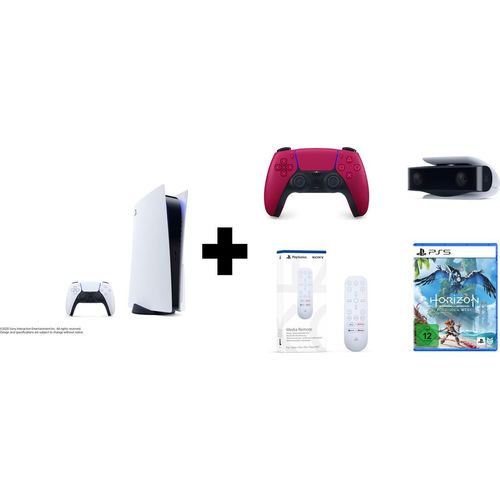 Playstation 5 inkl. Laufwerk – Softbundle mit PS5 Horizon: Forbidden West, Controller Cosmic Red, PS5 HD Kamera und PS5 Medienfernbedienung