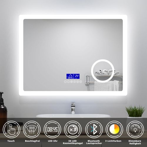 AICA LED Badspiegel mit Bluetooth 100x60cm Uhr Beschlagfrei Badezimmerspiegel 3 Lichtfarbe Dimmbar 3-Fach Vergrößerung Schminkspiegel