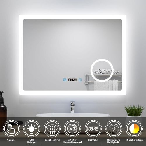 AICA LED Badspiegel mit Uhr 80×60cm Touch/Wandschalter Beschlagfrei Badezimmerspiegel 3 Lichtfarbe dimmbar 3-Fach Vergrößerung Schminkspiegel Kalt/Neutral/Warmweiß IP44