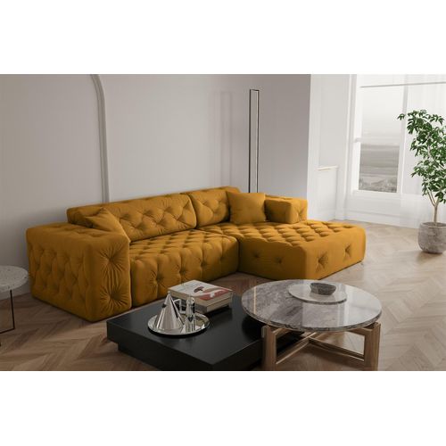 Ecksofa Designersofa CHANTAL in Stoff Opera Velvet Gelbgold Ottomane Rechts