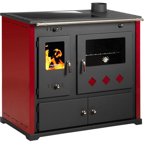 EEK A+ Kaminofen mit Backfach und Herdplatte mit Glaskeramik Pracktik Lux Rot Holzofen 9,5 kW Kamin Ofen Dauerbrandofen Werkstattofen Schwedenofen Hüttenofen Heizofen