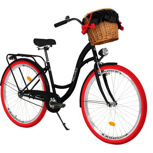 Milord Komfort Fahrrad Mit Weidenkorb Damenfahrrad, 28 Zoll, Schwarz-Rot, 1 Gang