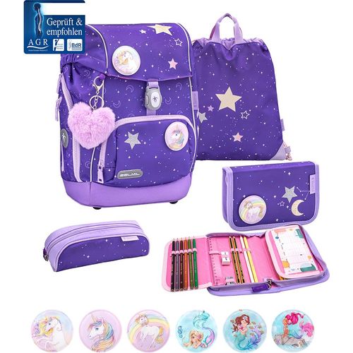 Belmil Premium ergonomischer Schulranzen Set 5 -teilig für Mädchen Für kleine Kinder, Erstklässler mit Patch Set/Brustgurt, Hüftgurt/Magnetverschluss/Lila, Fliederfarben (405-73/P/S Dahlia)