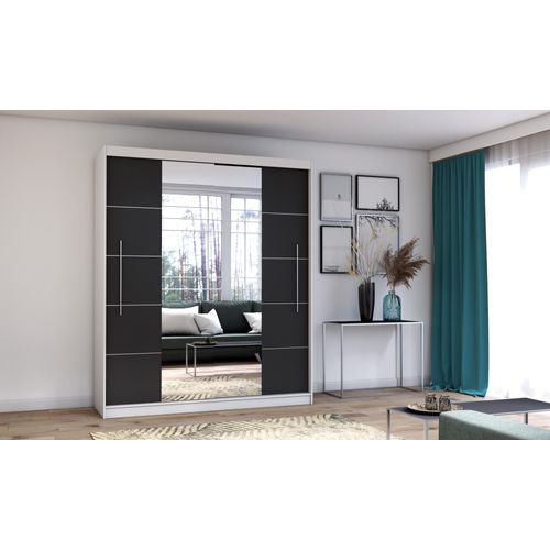 Schwebetürenschrank Kleiderschrank Schrank 204cm WEISS/SCHWARZ mit zwei Spiegeln und Zierleisten Torino