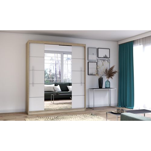 Schwebetürenschrank Kleiderschrank Schrank 204cm SONOMA/WEISS mit zwei Spiegeln und Zierleisten Torino