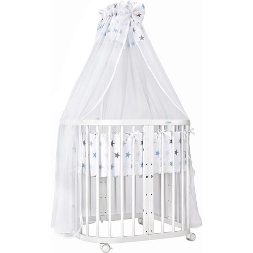 Mobiles Babybett aus Holz 7in1 mit Matratze, mitwachsend,Stoffe Sterne blau,Holz weiß