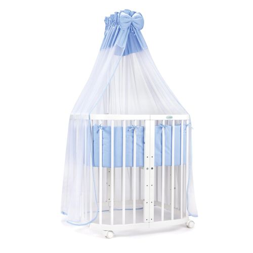 Mobiles Babybett aus Holz 7in1 mit Matratze, mitwachsend,Stoffe blau,Holz weiß