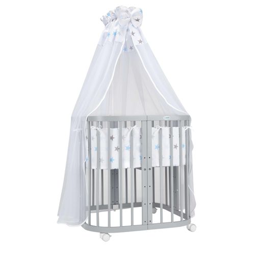 Mobiles Babybett aus Holz 7in1 mit Matratze, mitwachsend,Stoffe Sterne blau,Holz grau