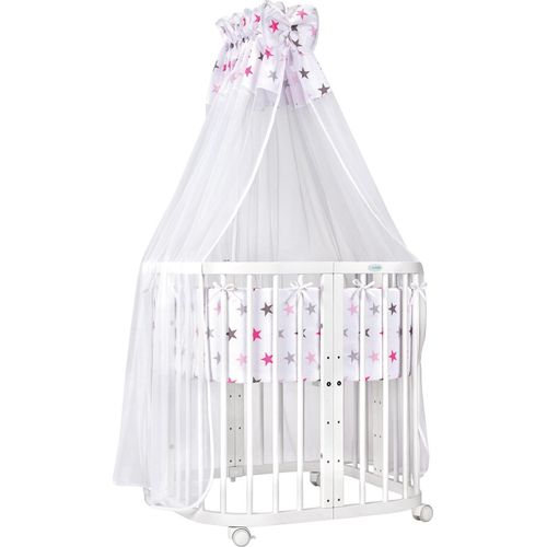 Mobiles Babybett aus Holz 7in1 mit Matratze, mitwachsend,Stoffe Sterne pink,Holz weiß