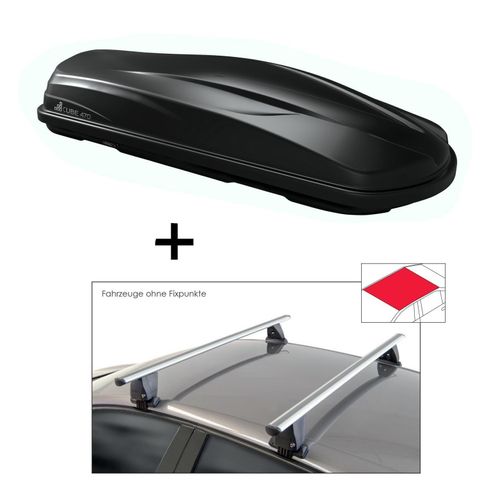 Dachbox CUBE470 470 Liter schwarz glänzend + Dachträger VDP Delta kompatibel mit für Kia Rio (YB) Hatchback (5 Türer) ab 2017