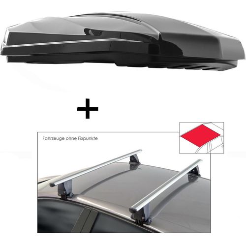 Dachbox STRIKE 440 Liter schwarz hochglanz + Dachträger VDP Delta kompatibel mit für Kia Rio (YB) Hatchback (5 Türer) ab 2017