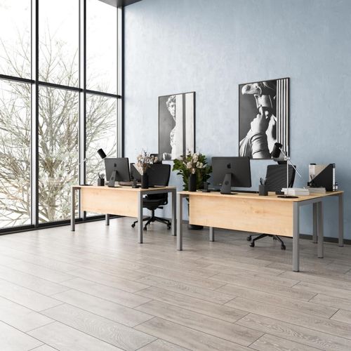 Schreibtisch Tetra, 160 cm, inkl. Anbau rechts o. links montierbar, Saphir Eiche Nachbildung/silber RAL 9006 inkl. Kabelkanal