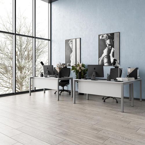 Schreibtisch Tetra, 180 cm, inkl. Anbau rechts o. links montierbar, grau Nachbildung/silber RAL 9006 inkl. Kabelkanal