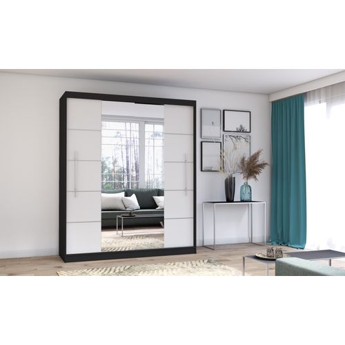 Schwebetürenschrank Kleiderschrank Schrank 204cm SCHWARZ/WEISS mit zwei Spiegeln und Zierleisten Torino